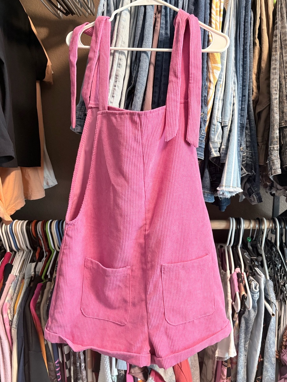 SHEIN Pink Corduroy Tie-Shoulder Overall Romper